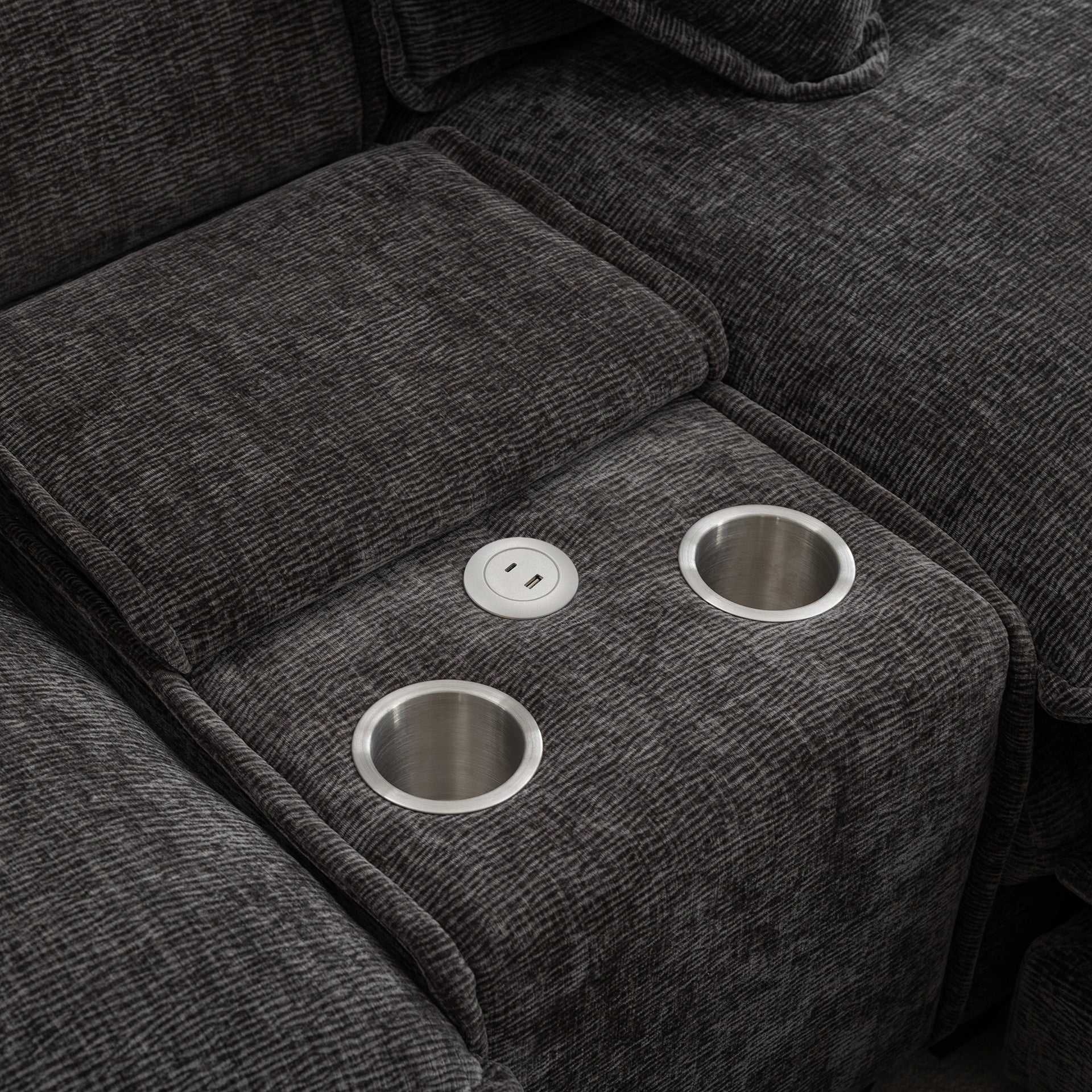 111" Sectional Sofa Chenille Upholstered Sofa with Two Removable Ottoman, Two USB Ports, Two Cup Holders and Large Storage Box for Living Room, Grey