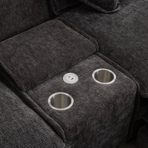 111" Sectional Sofa Chenille Upholstered Sofa with Two Removable Ottoman, Two USB Ports, Two Cup Holders and Large Storage Box for Living Room, Grey