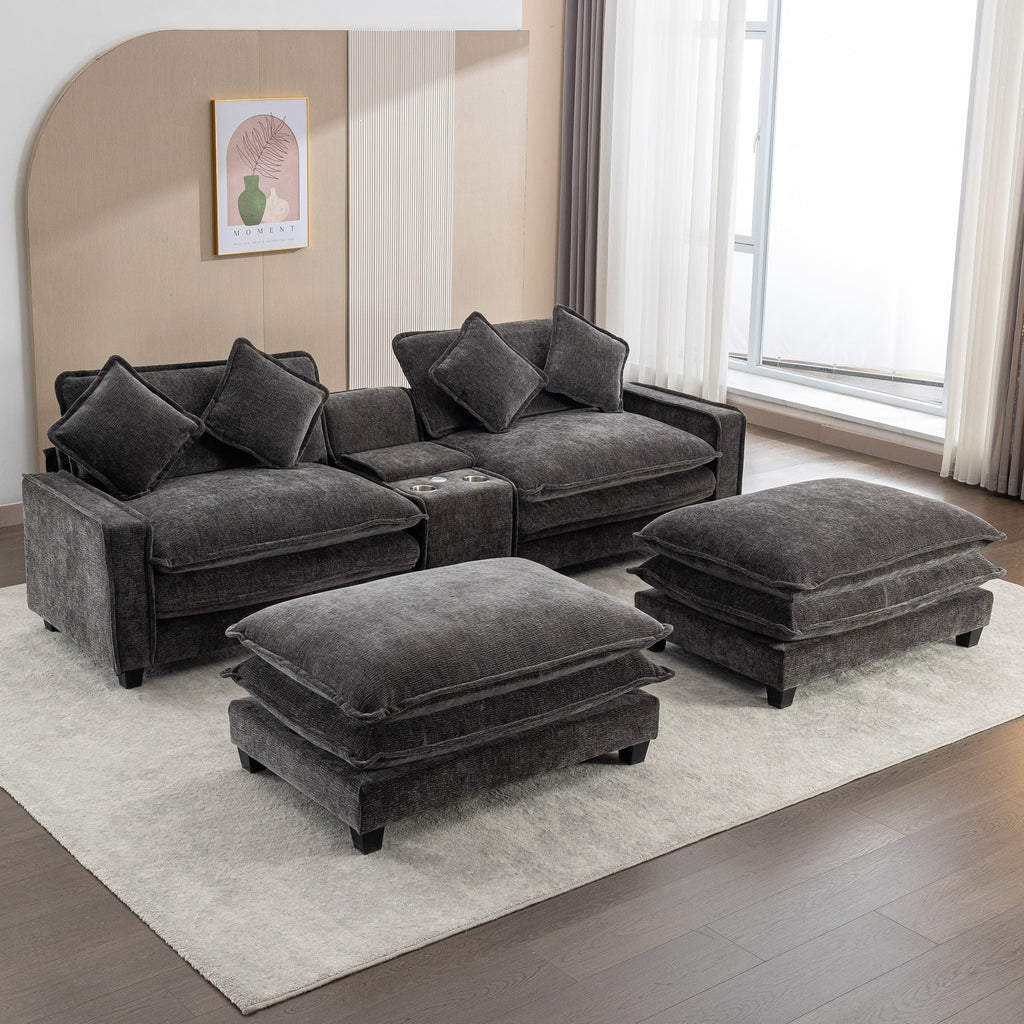 111" Sectional Sofa Chenille Upholstered Sofa with Two Removable Ottoman, Two USB Ports, Two Cup Holders and Large Storage Box for Living Room, Grey