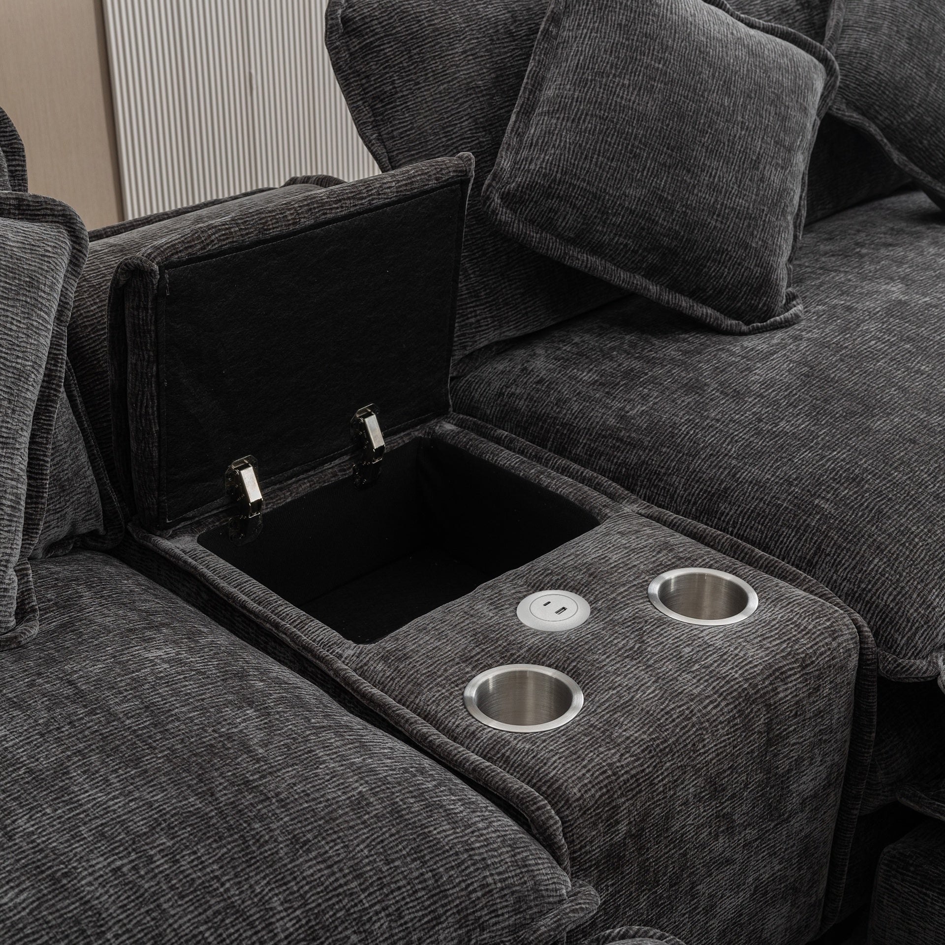 111" Sectional Sofa Chenille Upholstered Sofa with Two Removable Ottoman, Two USB Ports, Two Cup Holders and Large Storage Box for Living Room, Grey