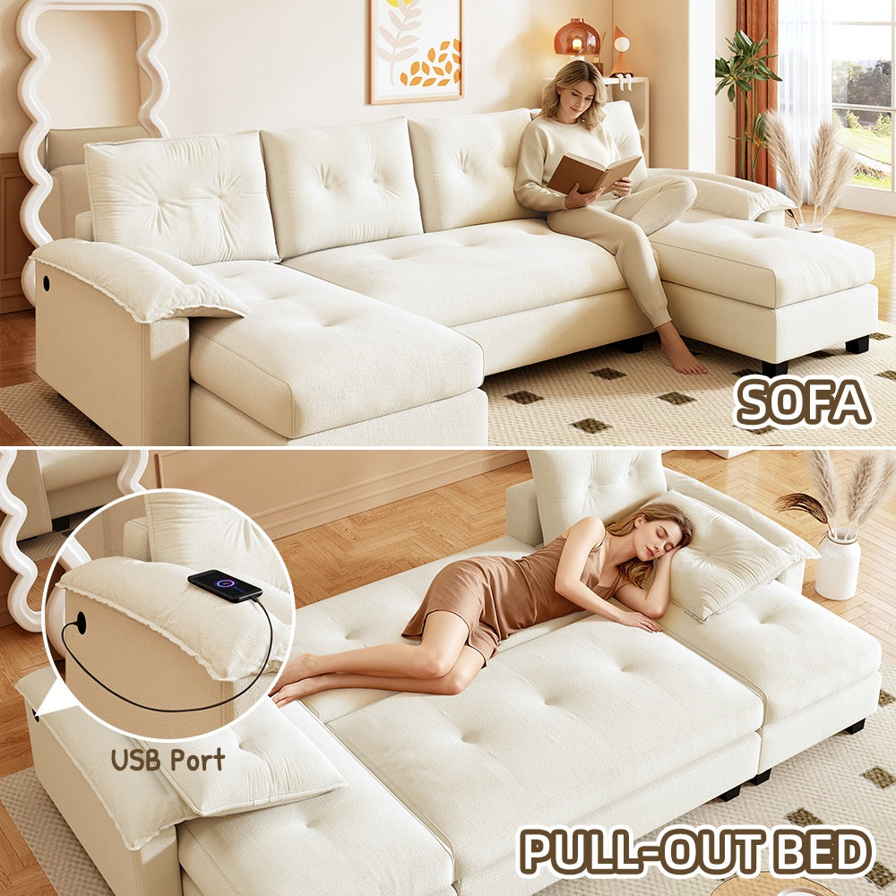 104.7" U-Shaped Sleeper Sofa with Pull Out Bed,2 in 1 Convertible Couch Bed with Removable Armrests & USB Ports,Oversized Sectional Modular with Chaise Lounge for Living Room//Apartment,Beige/white