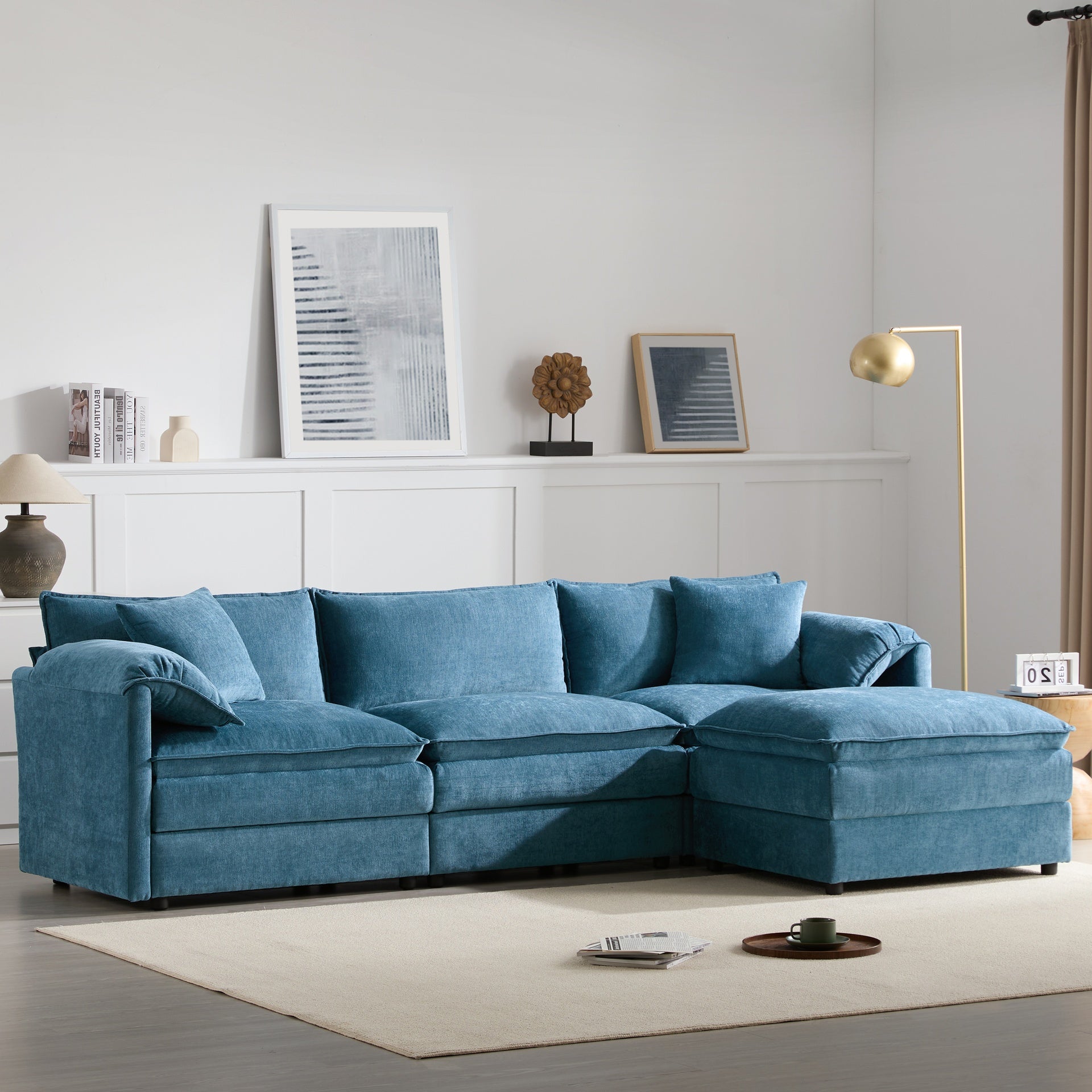 103" Chenille Modular Sectional Sofa with Deep and Wide Seat,L Shaped Cloud Couch Set with Double Cushions,4 Seat Sofa with Movable Ottoman,Oversized Indoor Furniture for Living Room&Apartment
