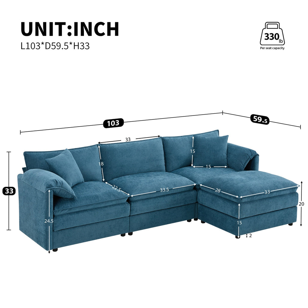 103" Chenille Modular Sectional Sofa with Deep and Wide Seat,L Shaped Cloud Couch Set with Double Cushions,4 Seat Sofa with Movable Ottoman,Oversized Indoor Furniture for Living Room&Apartment
