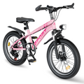 FKZNPJ 20 Inch Kids Mountain Bike for Boys & Girls Ages 7-12 – 7-Speed Gears, Dual Disc Brakes, Shock Absorber Front Fork, LED Light – Silver & Pink