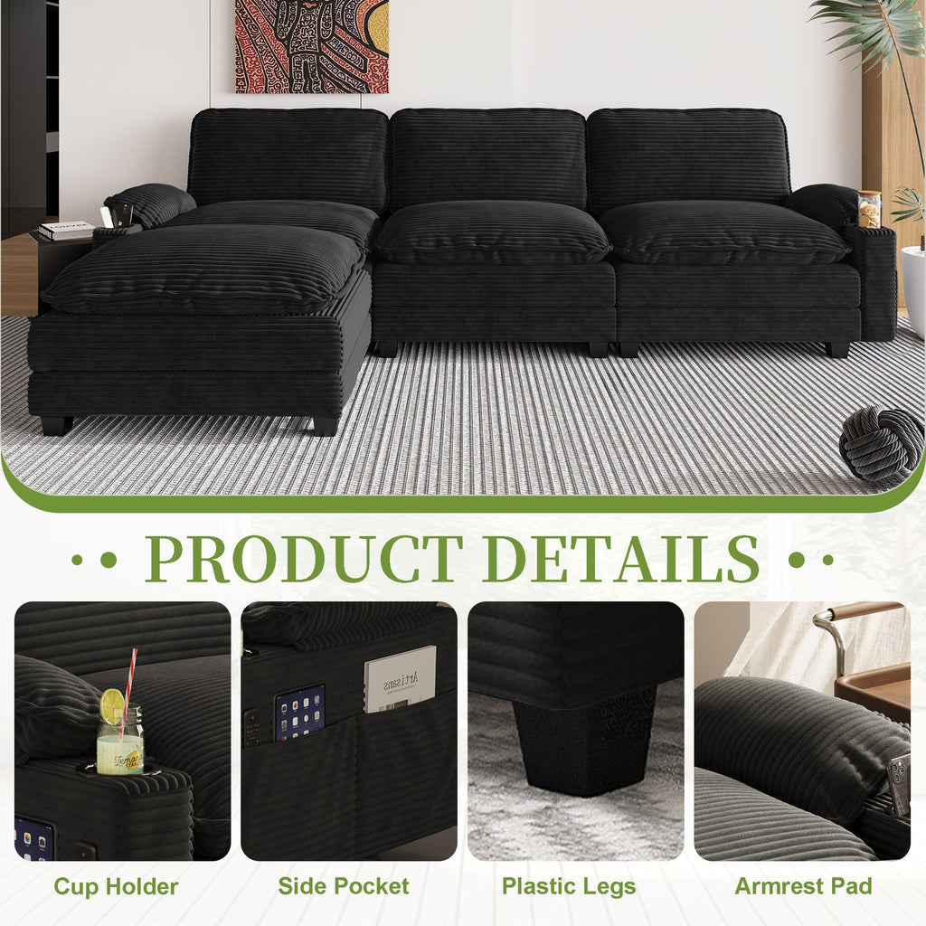 113" Modern 3+1 L-Shaped Corduroy Fabric Sofa,Modular Sectional Cloud Couch W/Ottoman,35D High-resilience Sponge&Double-layer Thick Cushion,Cup Holders,Storage Bags,Couches For Living Room,Apartment.