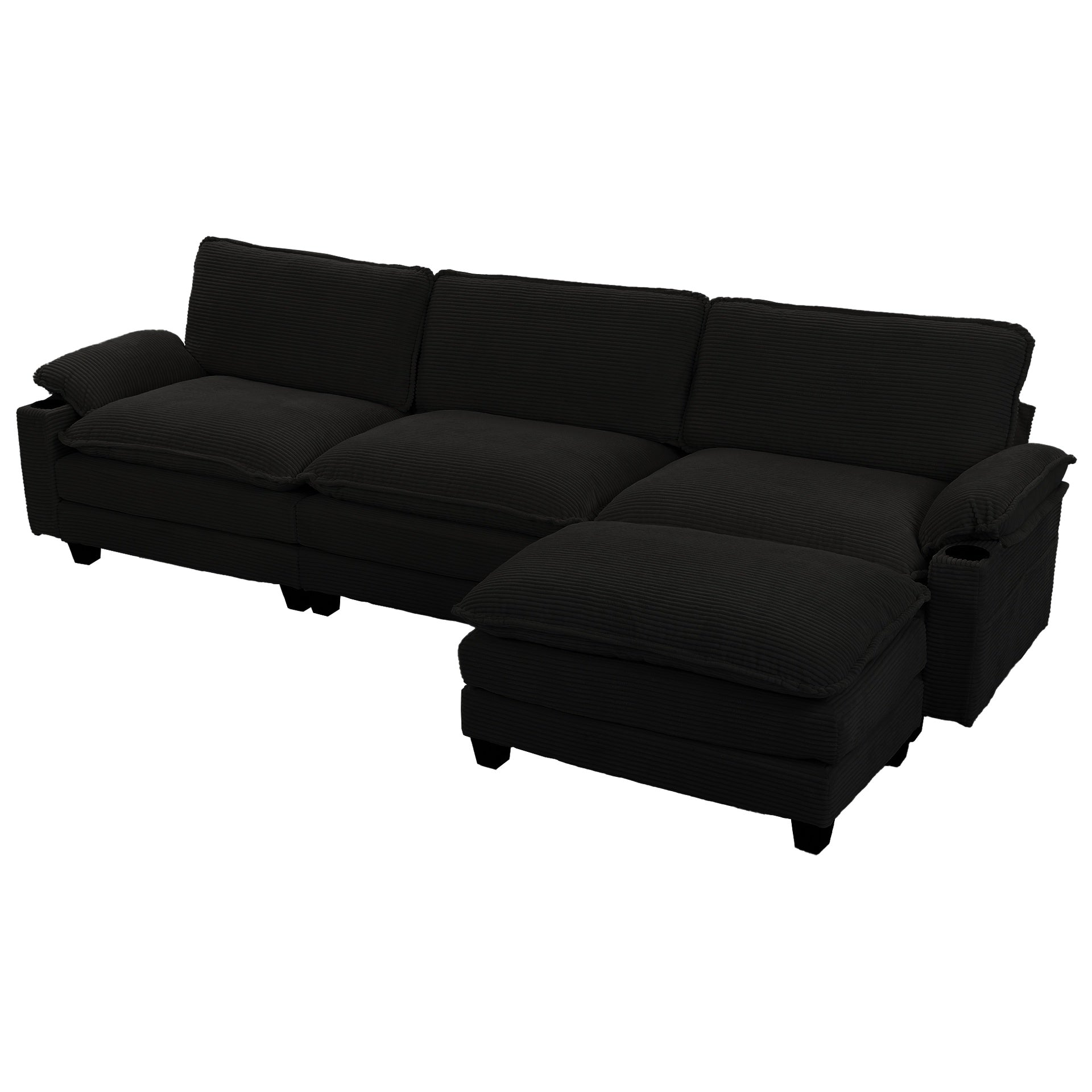 113" Modern 3+1 L-Shaped Corduroy Fabric Sofa,Modular Sectional Cloud Couch W/Ottoman,35D High-resilience Sponge&Double-layer Thick Cushion,Cup Holders,Storage Bags,Couches For Living Room,Apartment.