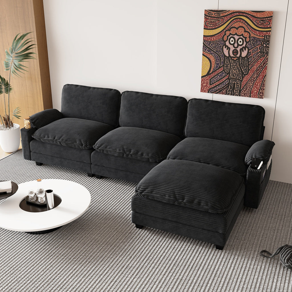 113" Modern 3+1 L-Shaped Corduroy Fabric Sofa,Modular Sectional Cloud Couch W/Ottoman,35D High-resilience Sponge&Double-layer Thick Cushion,Cup Holders,Storage Bags,Couches For Living Room,Apartment.