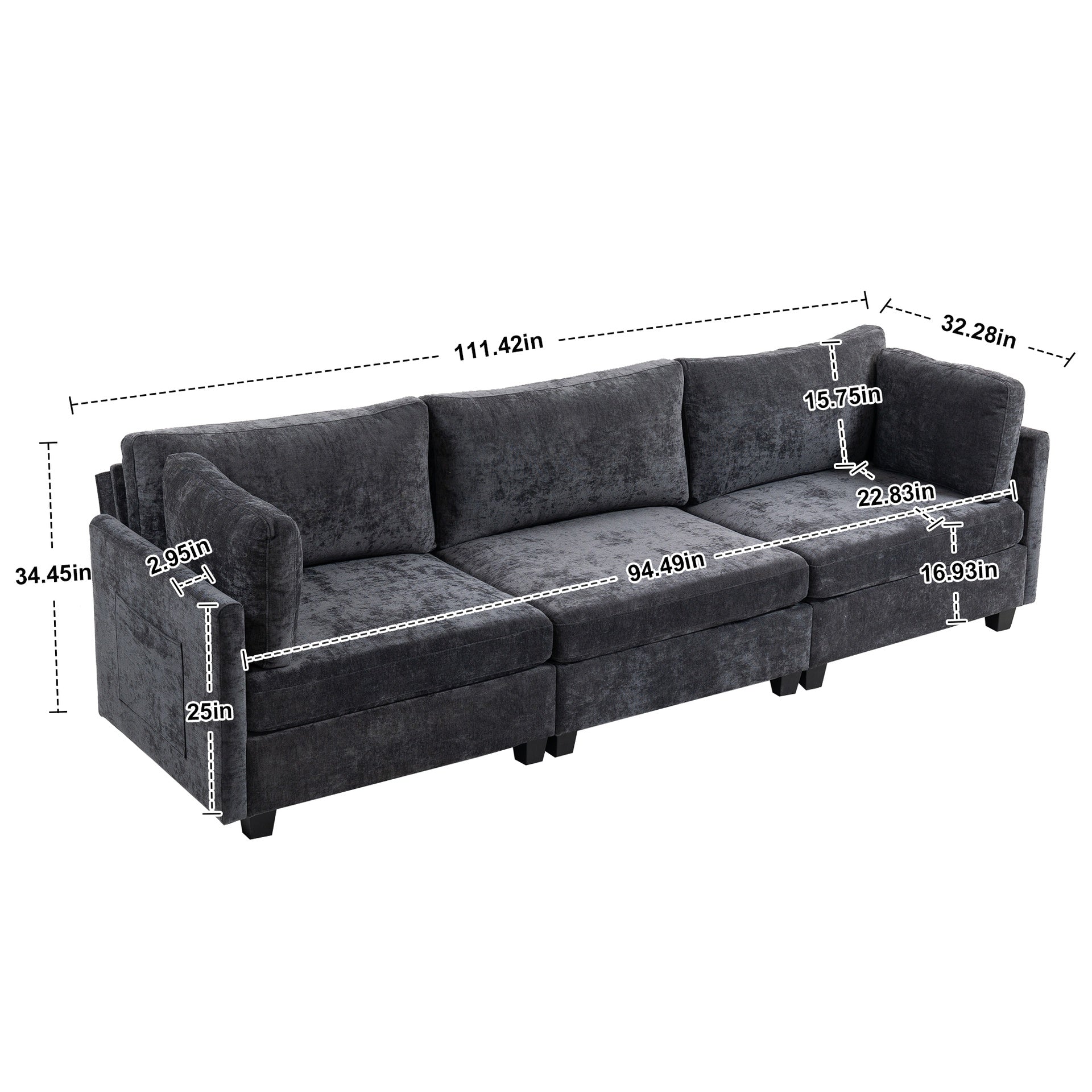 111.42*32.28" XXXL 3-Seater Chenille Deep Sofa,Comfy 3-Seater Chenille Fabric Couch,Conforms to body curves,Cloud-soft sitting,with ultra-soft cushions&Side Pocket for Living Room,Apartment,Office.