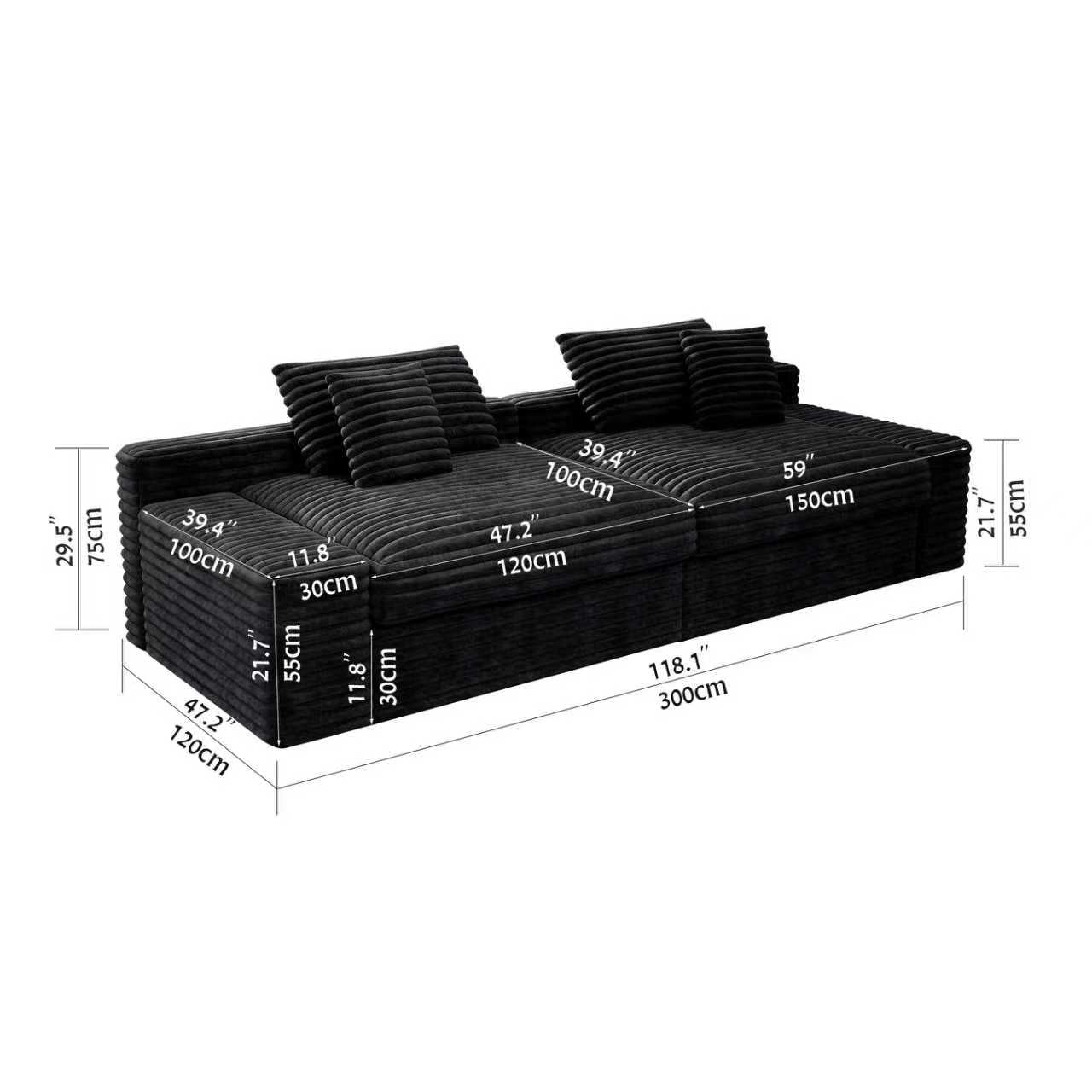 118.1*47.2"Modular sectional sofa seat,Upholstered compressed couch for living room,Bedroom,Apartment,No assembly required,2PC free combination,Plush corduroy fabric,BLACK