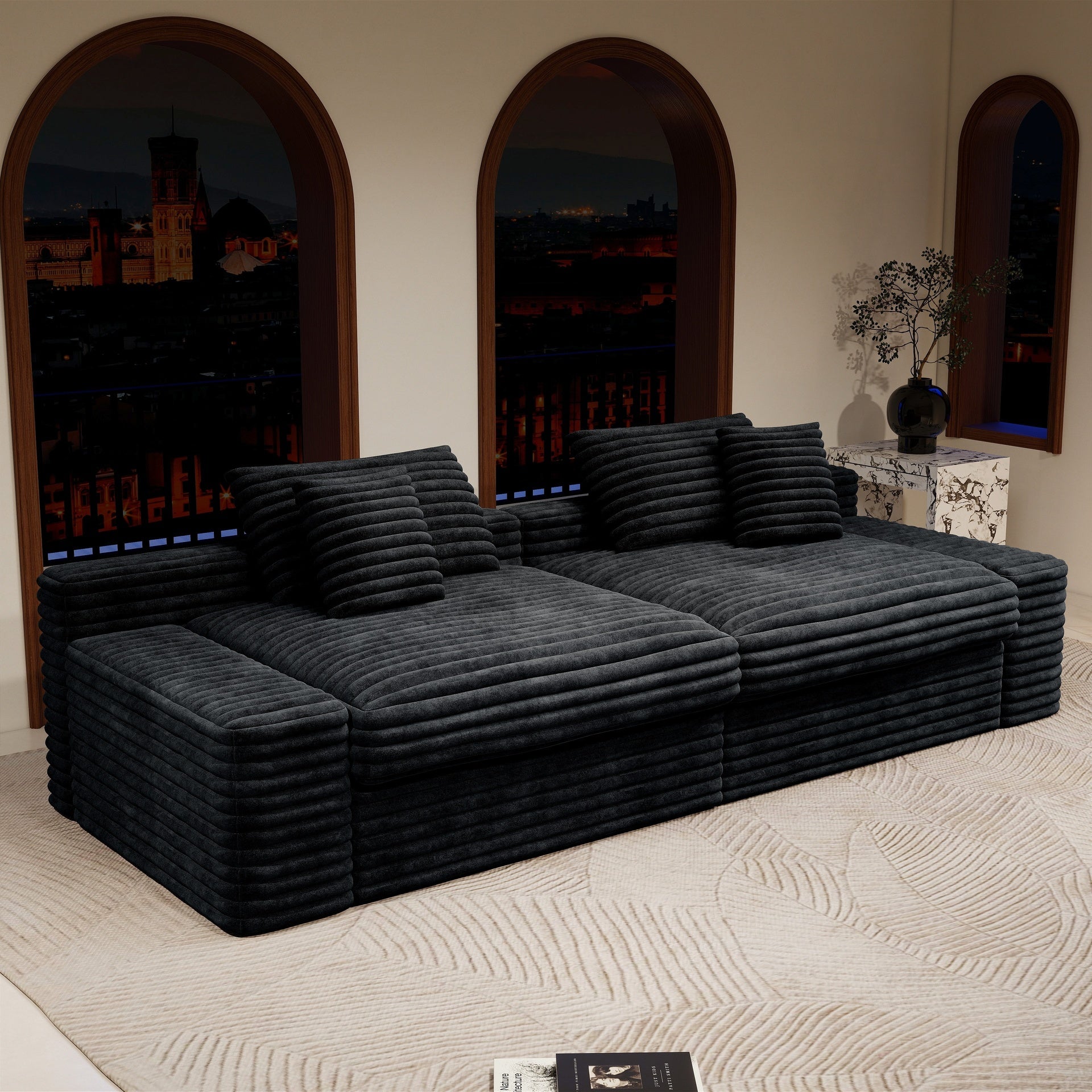 118.1*47.2"Modular sectional sofa seat,Upholstered compressed couch for living room,Bedroom,Apartment,No assembly required,2PC free combination,Plush corduroy fabric,BLACK