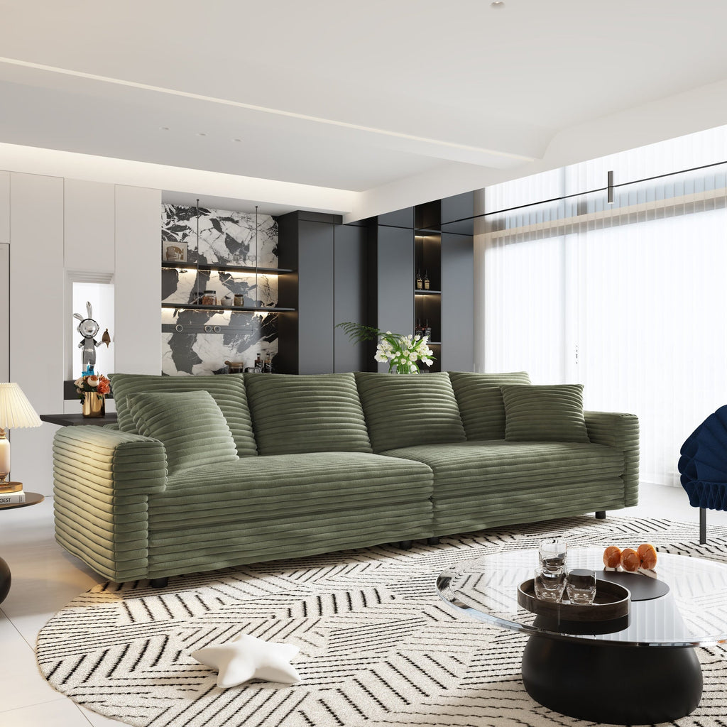 102.4 "Plush Corduroy 4-Seat Sofa,Modern Comfy Upholstered Sofa Cloud Couch,Deep Seat Couches with Soft Pillows and Movable Ottoman,Convertible Sofa Lounge Chair,Green(New SKU:W1885S00276)