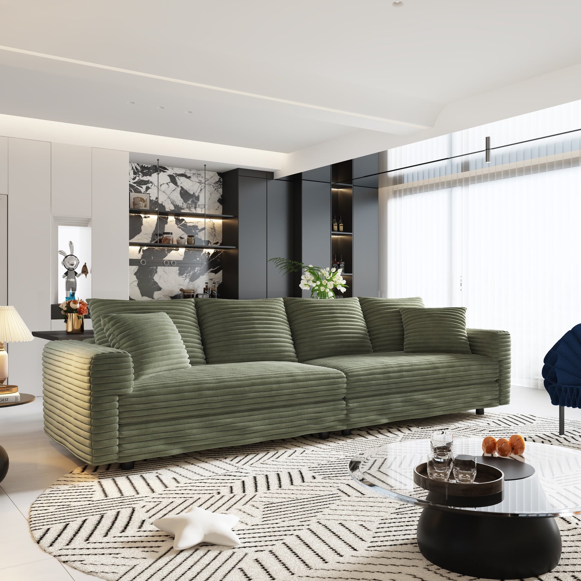 102.4 "Plush Corduroy 4-Seat Sofa,Modern Comfy Upholstered Sofa Cloud Couch,Deep Seat Couches with Soft Pillows and Movable Ottoman,Convertible Sofa Lounge Chair,Green(New SKU:W1885S00276)