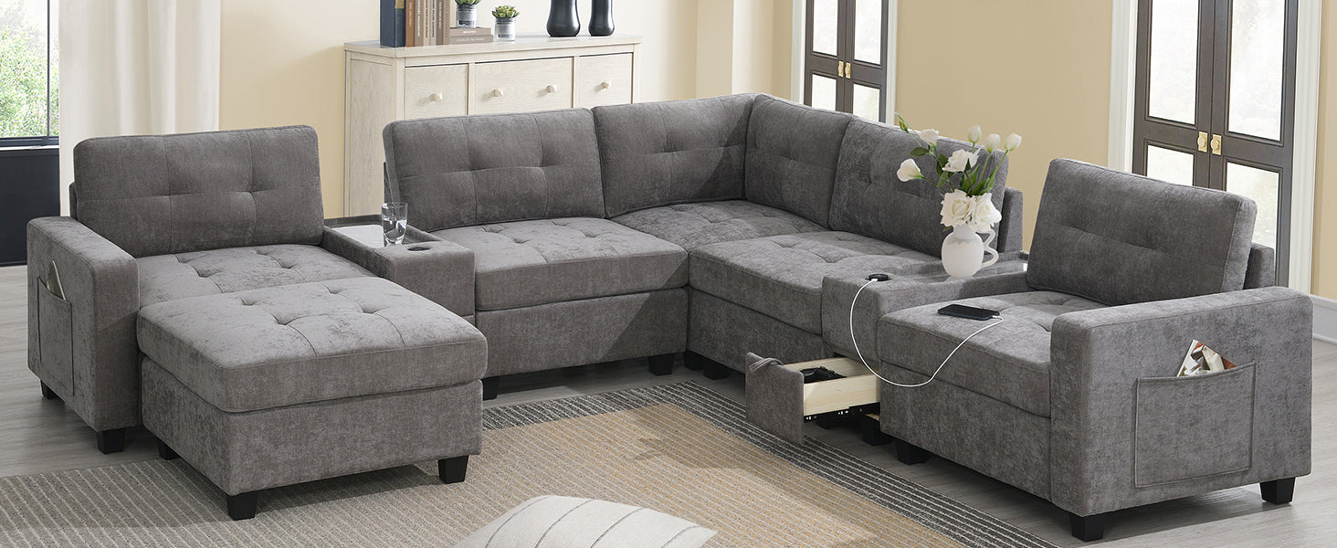 104'' Sectional Sofa with Acrylic Table Top,Chenille U Shaped Couch Set with 2 Consoles,USB Charger,Storage Drawers and Pockets,Movable Ottoman,Tufted Sofa for Living Room,Apartment,2 Colors