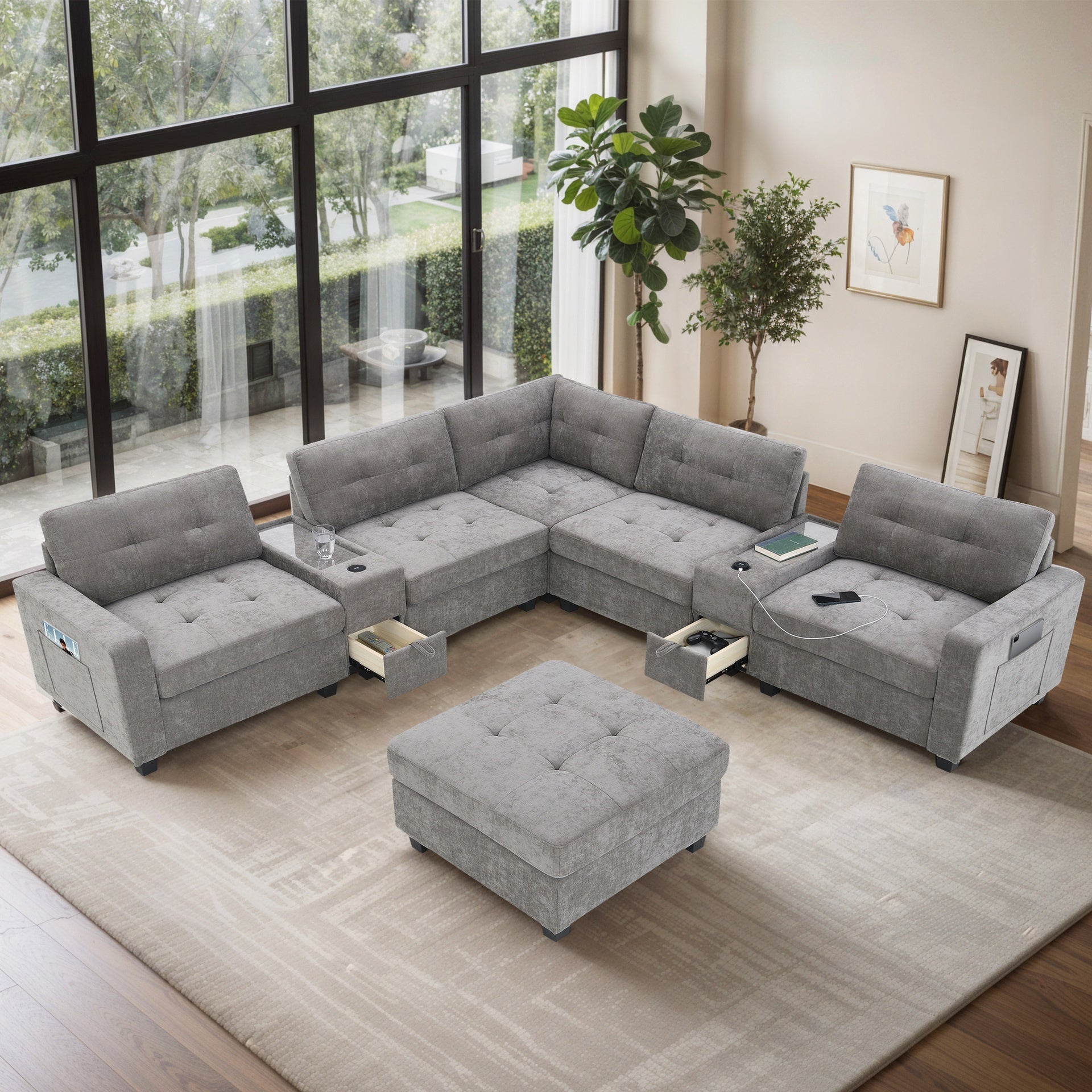 104'' Sectional Sofa with Acrylic Table Top,Chenille U Shaped Couch Set with 2 Consoles,USB Charger,Storage Drawers and Pockets,Movable Ottoman,Tufted Sofa for Living Room,Apartment,2 Colors