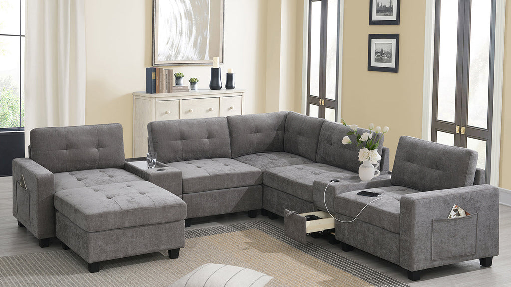 104'' Sectional Sofa with Acrylic Table Top,Chenille U Shaped Couch Set with 2 Consoles,USB Charger,Storage Drawers and Pockets,Movable Ottoman,Tufted Sofa for Living Room,Apartment,2 Colors
