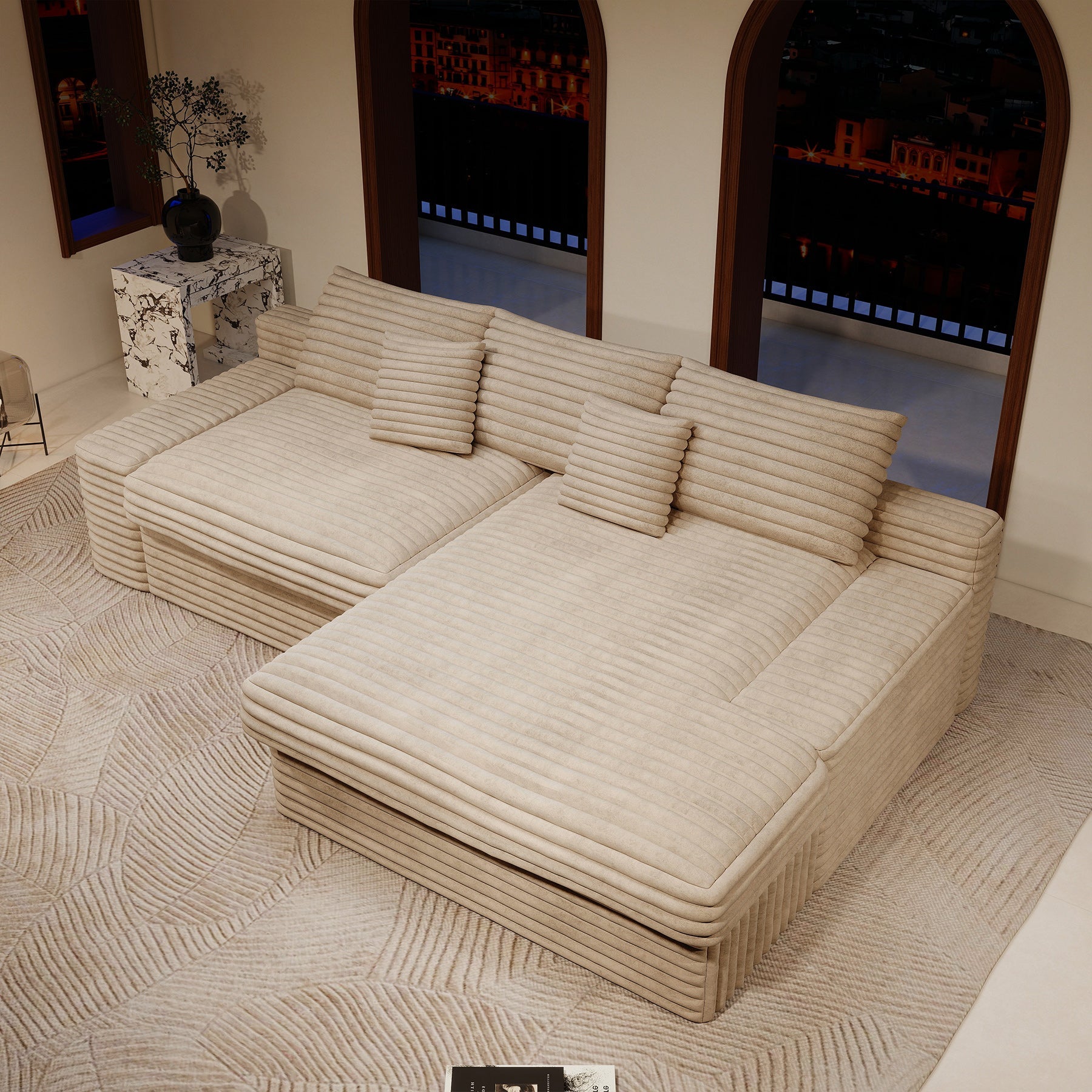 118.1*66.9"Modular sectional sofa seat,Upholstered compressed couch for living room,Bedroom,Apartment,No assembly required,2PC free combination,Plush corduroy fabric,BEIGE