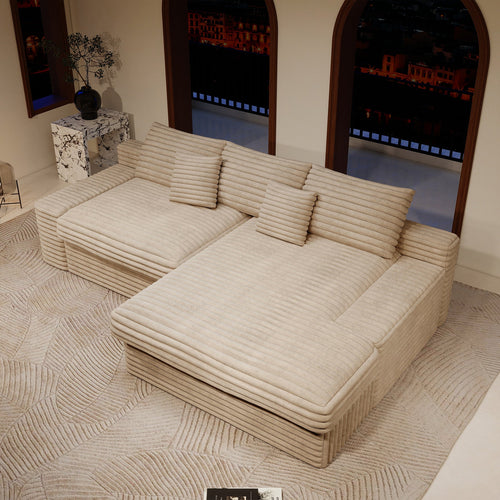 118.1*66.9"Modular sectional sofa seat,Upholstered compressed couch for living room,Bedroom,Apartment,No assembly required,2PC free combination,Plush corduroy fabric,BEIGE