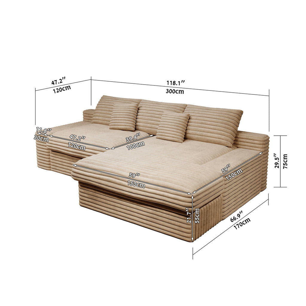118.1*66.9"Modular sectional sofa seat,Upholstered compressed couch for living room,Bedroom,Apartment,No assembly required,2PC free combination,Plush corduroy fabric,BEIGE