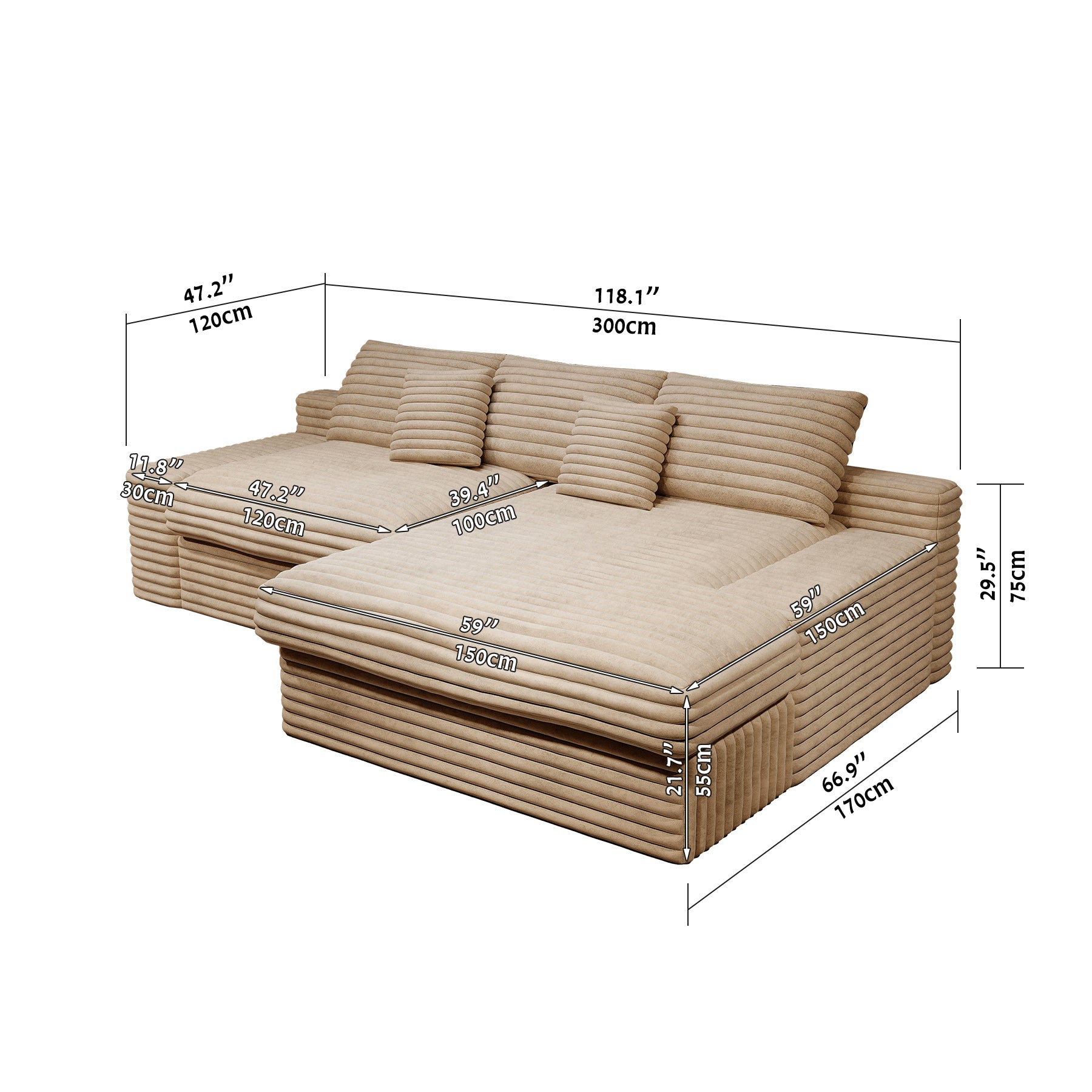118.1*66.9"Modular sectional sofa seat,Upholstered compressed couch for living room,Bedroom,Apartment,No assembly required,2PC free combination,Plush corduroy fabric,BEIGE