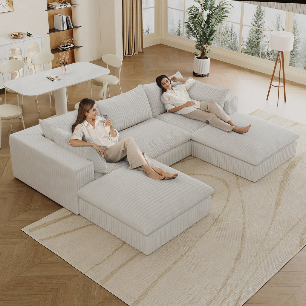 118.2" Cloud Sofa,Corduroy Fabric,Deep Seat Couches,Double-layer design,Removable Cushion,No Assembly, DIY Combination for Living room, Bedroom,Conference room ,Apartment,White