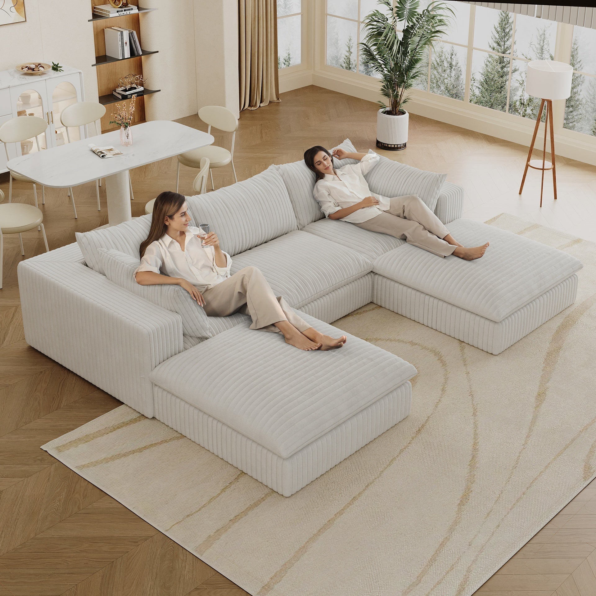 118.2" Cloud Sofa,Corduroy Fabric,Deep Seat Couches,Double-layer design,Removable Cushion,No Assembly, DIY Combination for Living room, Bedroom,Conference room ,Apartment,White