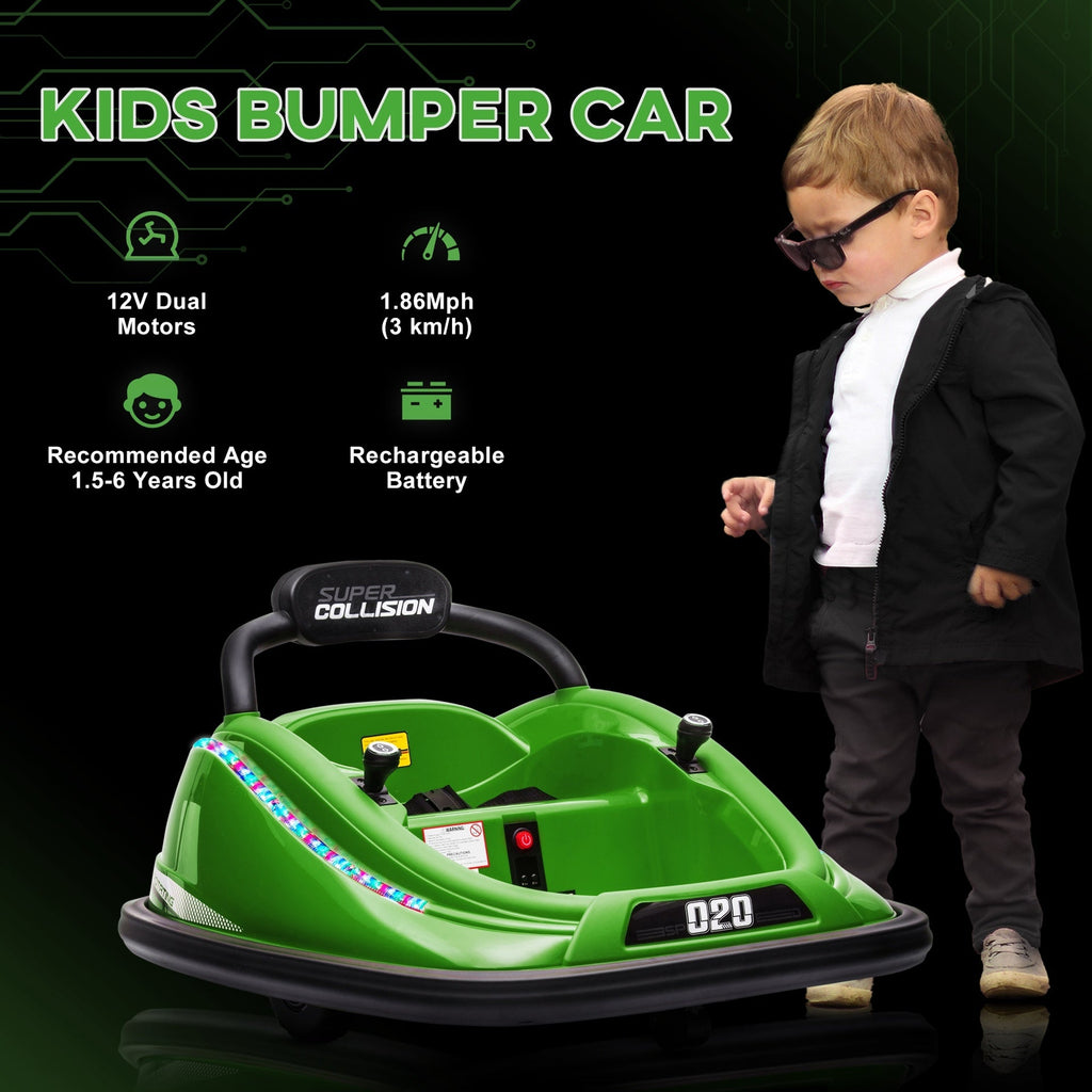 Aosom 12V Toddler Bumper Car with Remote Control, 360° Rotation Kids Electric Ride-On Toy, Twins Motor, Colorful LED Lights, 3 Songs, for Boys and Girls, Green
