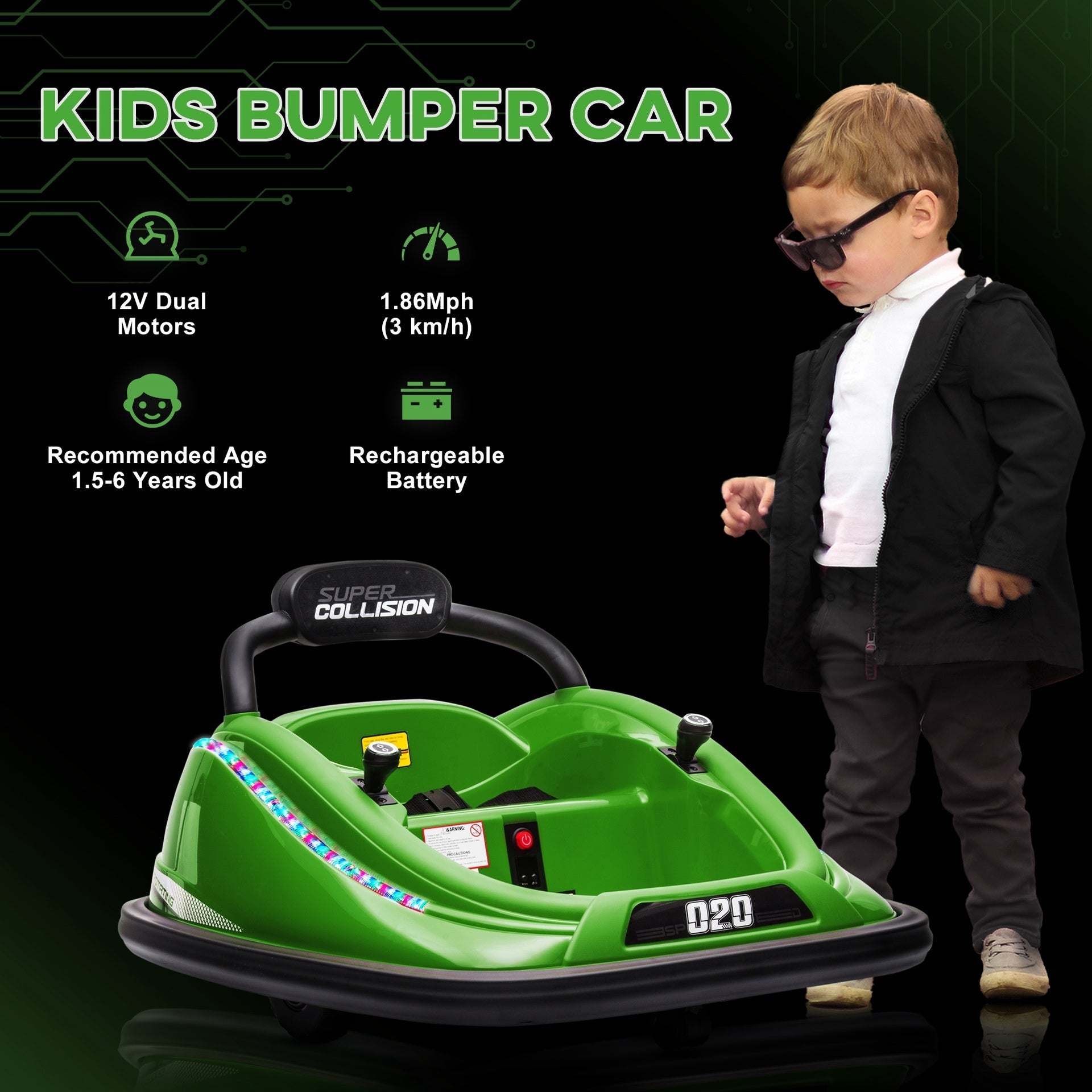 Aosom 12V Toddler Bumper Car with Remote Control, 360° Rotation Kids Electric Ride-On Toy, Twins Motor, Colorful LED Lights, 3 Songs, for Boys and Girls, Green