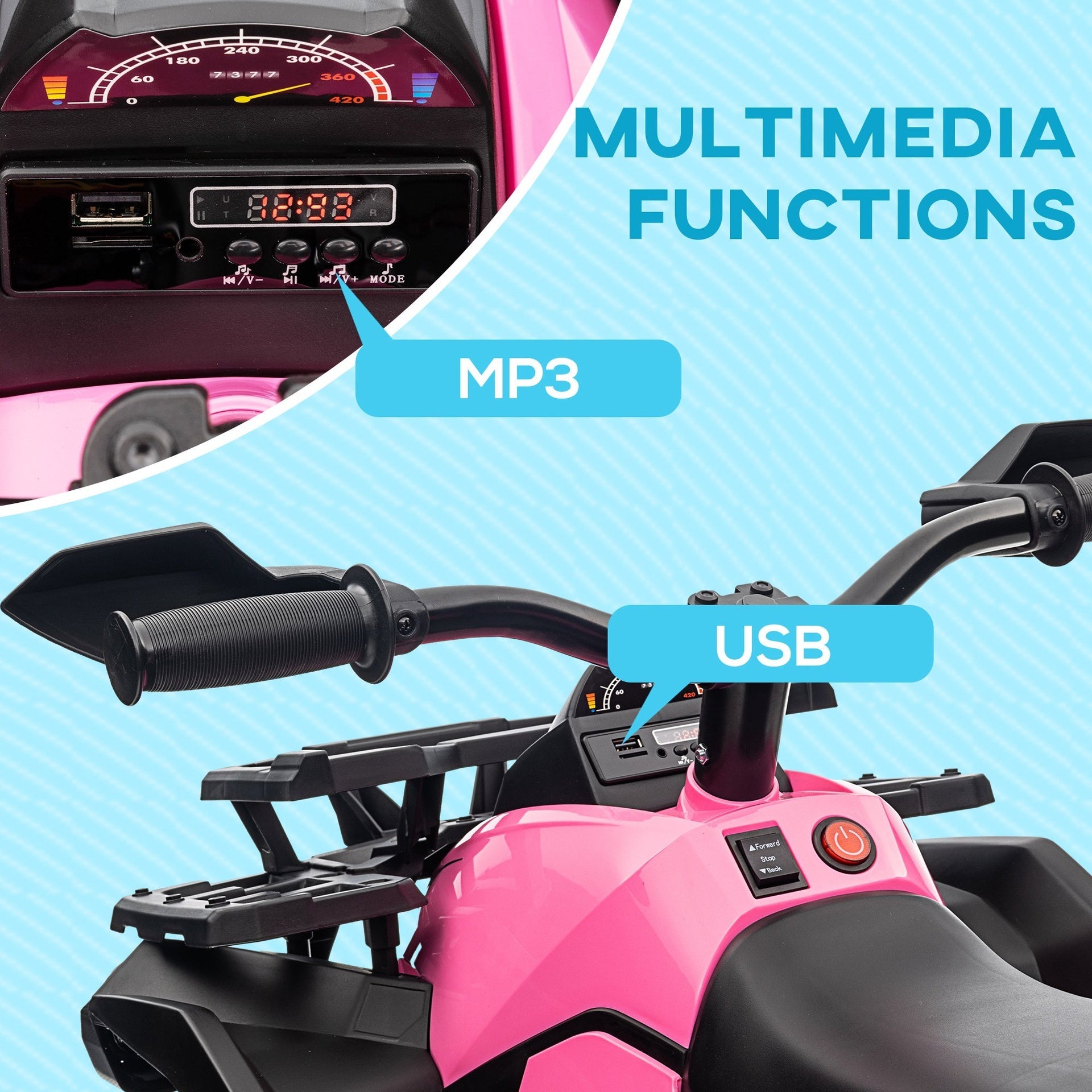 Aosom 12V Kids ATV Ride-on Four-Wheeler Toy Car with Music, Realistic Headlights, Wide Wheels, Rechargeable Battery-Powered, for Boys and Girls, Pink