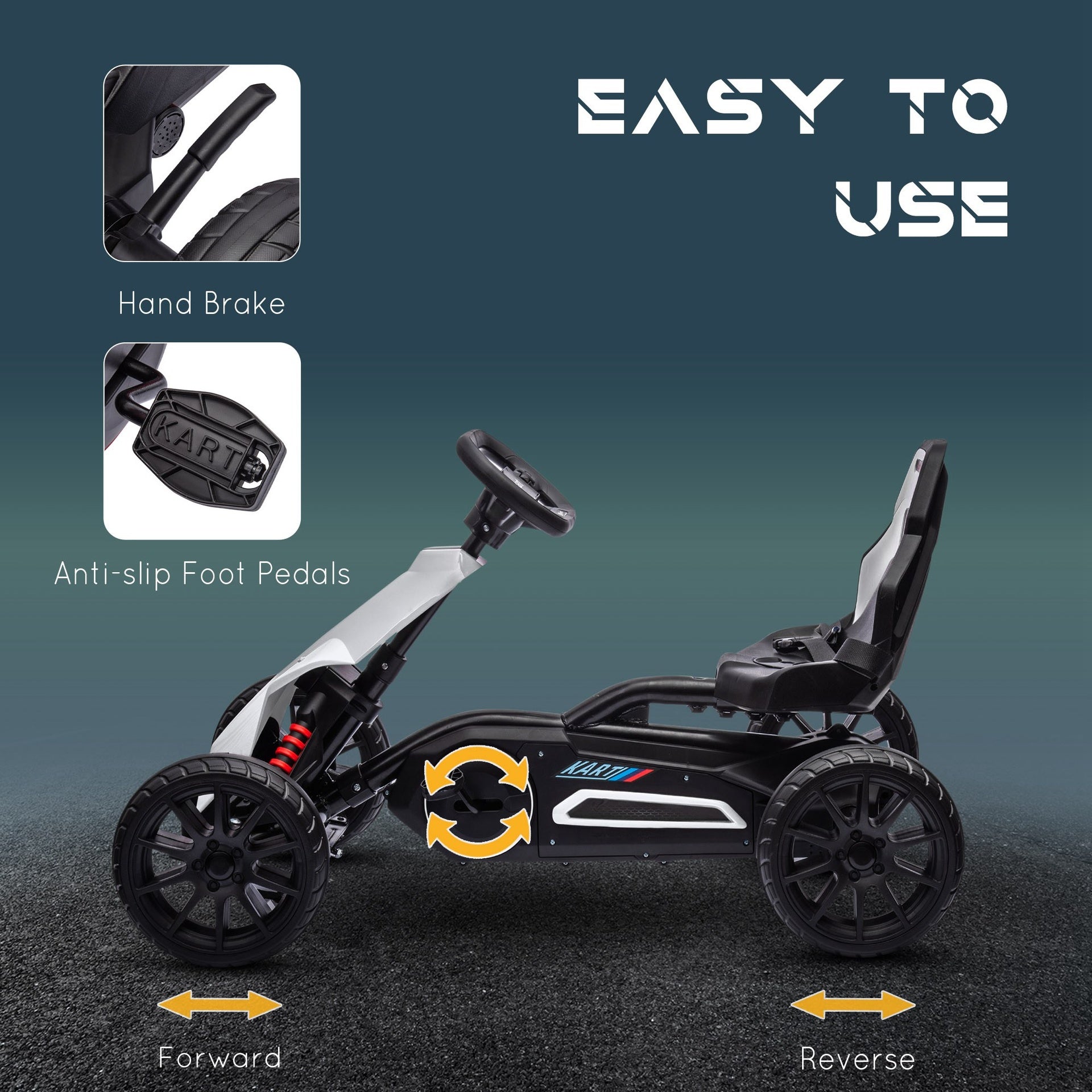 Aosom Kids Pedal Go Kart, Outdoor Ride on Toy with Adjustable Seat, Swing Axle, Handbrake, 4 Non-Slip EVA Wheels for Boys and Girls Aged 3-8 Years Old, White
