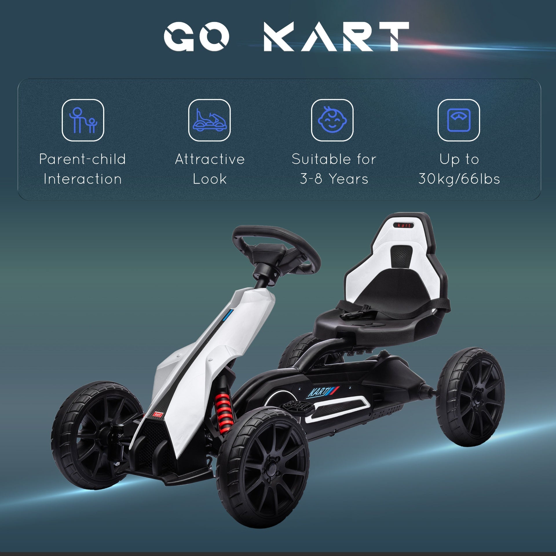 Aosom Kids Pedal Go Kart, Outdoor Ride on Toy with Adjustable Seat, Swing Axle, Handbrake, 4 Non-Slip EVA Wheels for Boys and Girls Aged 3-8 Years Old, White