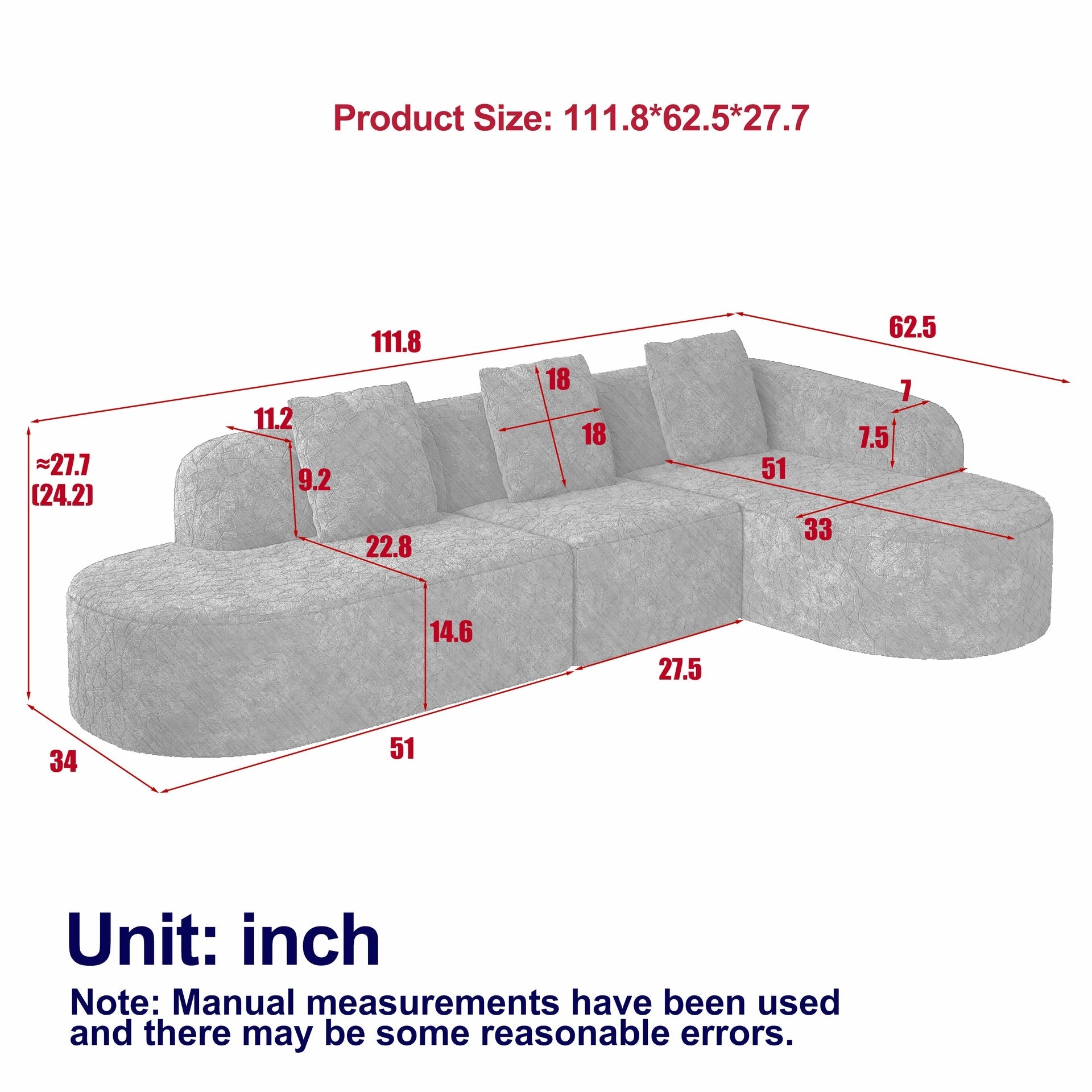 111.8-inch L-shaped curved modular sofa, modern design featuring lychee-textured long-pile polyester fabric, curved backrest with three pillows
