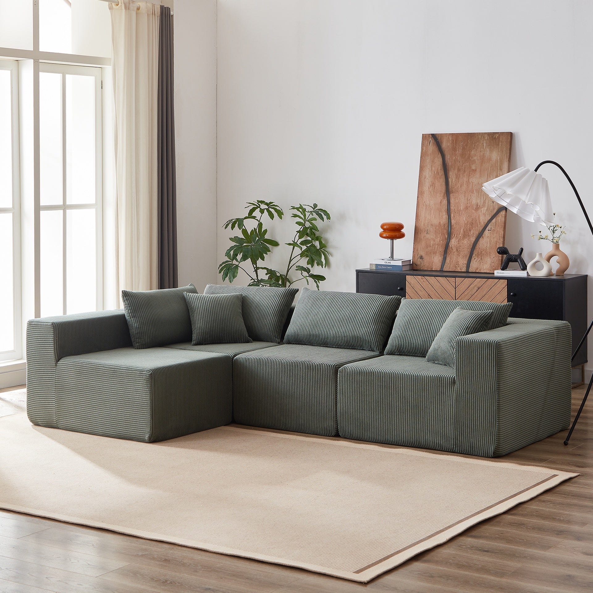 104-Inch Corduroy  Modular L Shaped Sectional Sofa,Luxury Floor Couch Set,Upholstered Indoor Furniture,Foam-Filled Compressed Sofa for Living Room,Bedroom,4 PC Free Combination