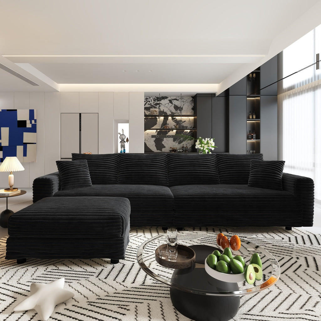 102.4 "Plush Corduroy 4-Seat Sofa,Modern Comfy Upholstered Sofa Cloud Couch,Deep Seat Couches with Soft Pillows and Movable Ottoman,Convertible Sofa Lounge Chair,Black