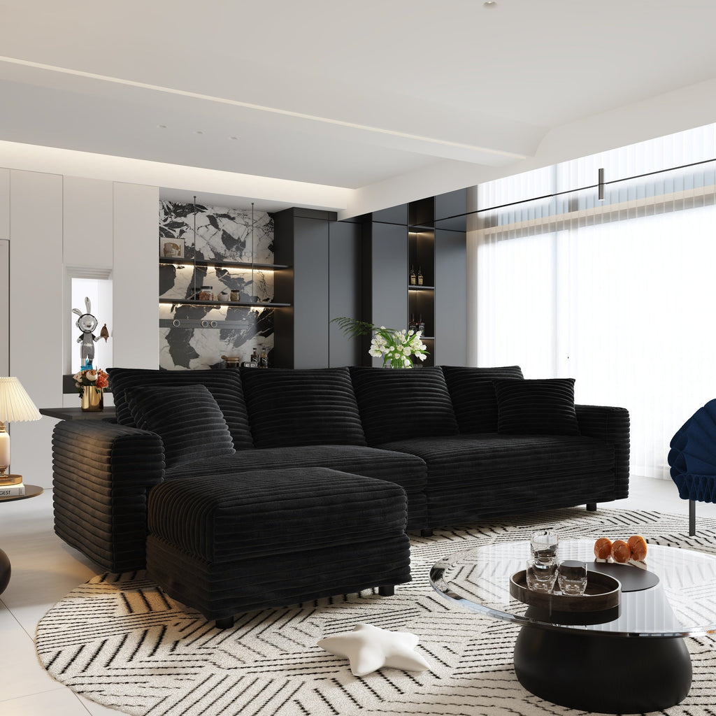 102.4 "Plush Corduroy 4-Seat Sofa,Modern Comfy Upholstered Sofa Cloud Couch,Deep Seat Couches with Soft Pillows and Movable Ottoman,Convertible Sofa Lounge Chair,Black