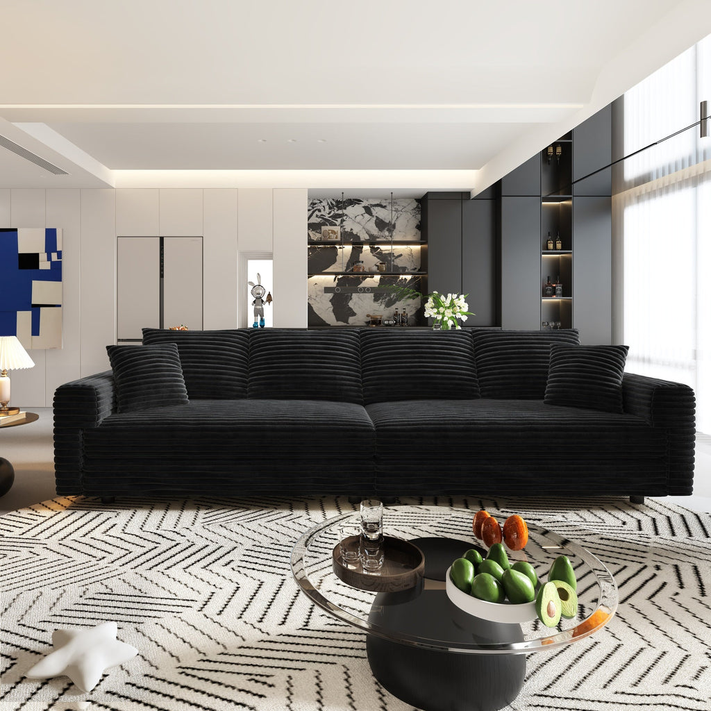 102.4 "Plush Corduroy 4-Seat Sofa,Modern Comfy Upholstered Sofa Cloud Couch,Deep Seat Couches with Soft Pillows and Movable Ottoman,Convertible Sofa Lounge Chair,Black