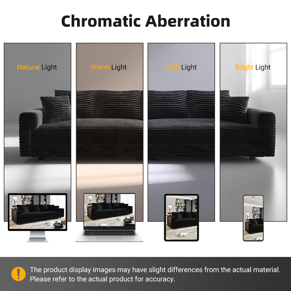 102.4 "Plush Corduroy 4-Seat Sofa,Modern Comfy Upholstered Sofa Cloud Couch,Deep Seat Couches with Soft Pillows and Movable Ottoman,Convertible Sofa Lounge Chair,Black