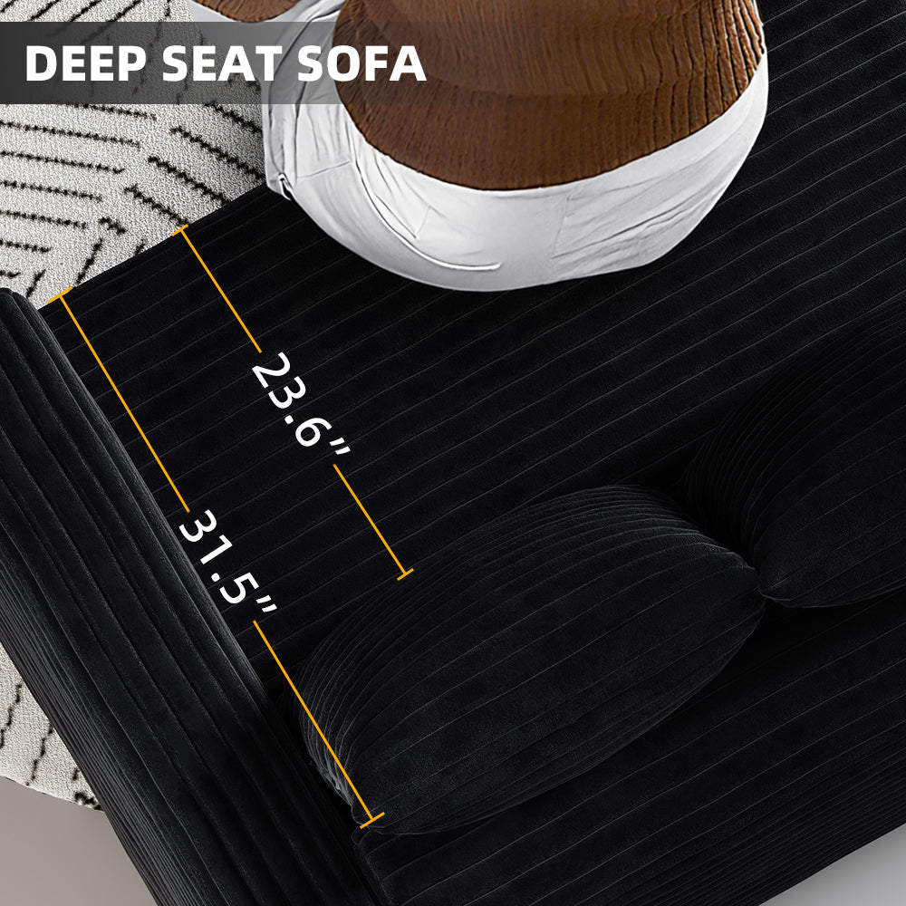 102.4 "Plush Corduroy 4-Seat Sofa,Modern Comfy Upholstered Sofa Cloud Couch,Deep Seat Couches with Soft Pillows and Movable Ottoman,Convertible Sofa Lounge Chair,Black