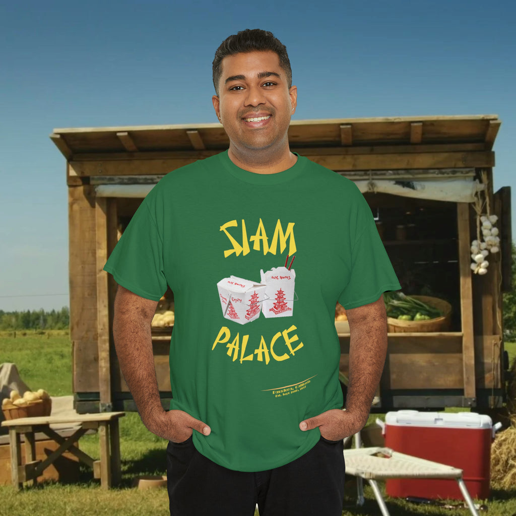 "DirkyThreadz Siam Palace T-Shirt – Mutiges Take-out-Grafikdesign aus schwarzer Baumwolle"