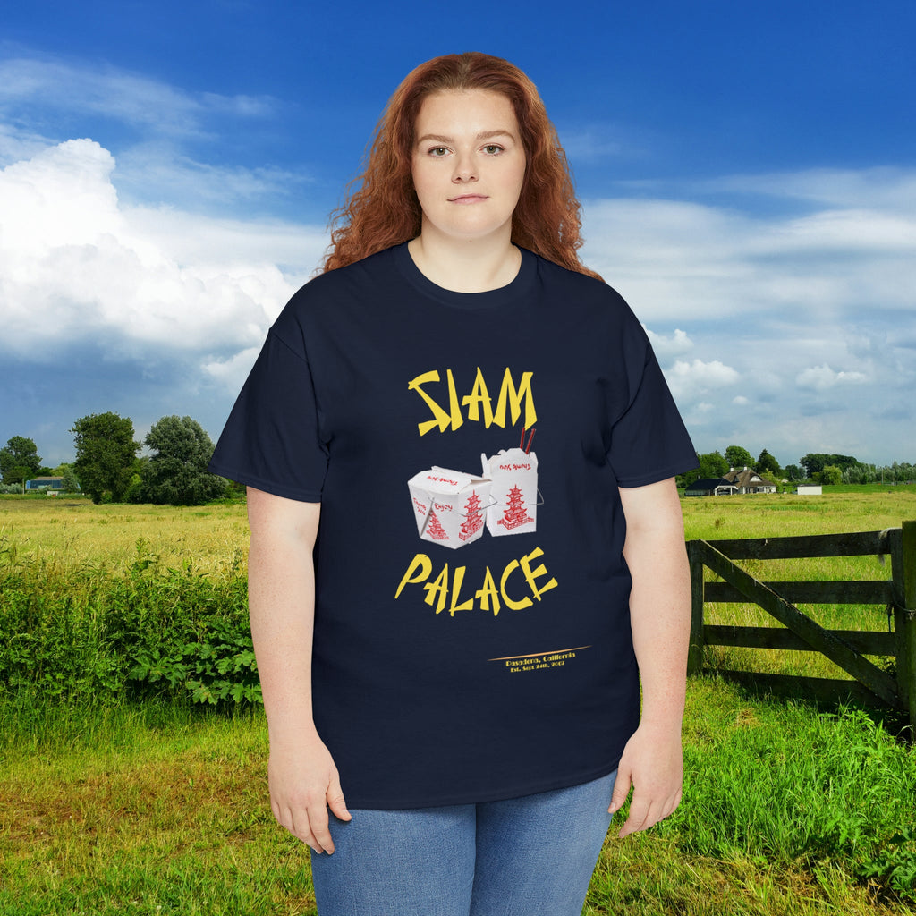 "DirkyThreadz Siam Palace T-Shirt – Mutiges Take-out-Grafikdesign aus schwarzer Baumwolle"