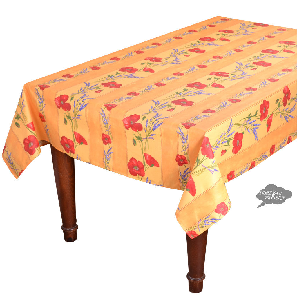 58" Square Poppies Yellow Acrylic-Coated Cotton Tablecloth by Tissus Toselli