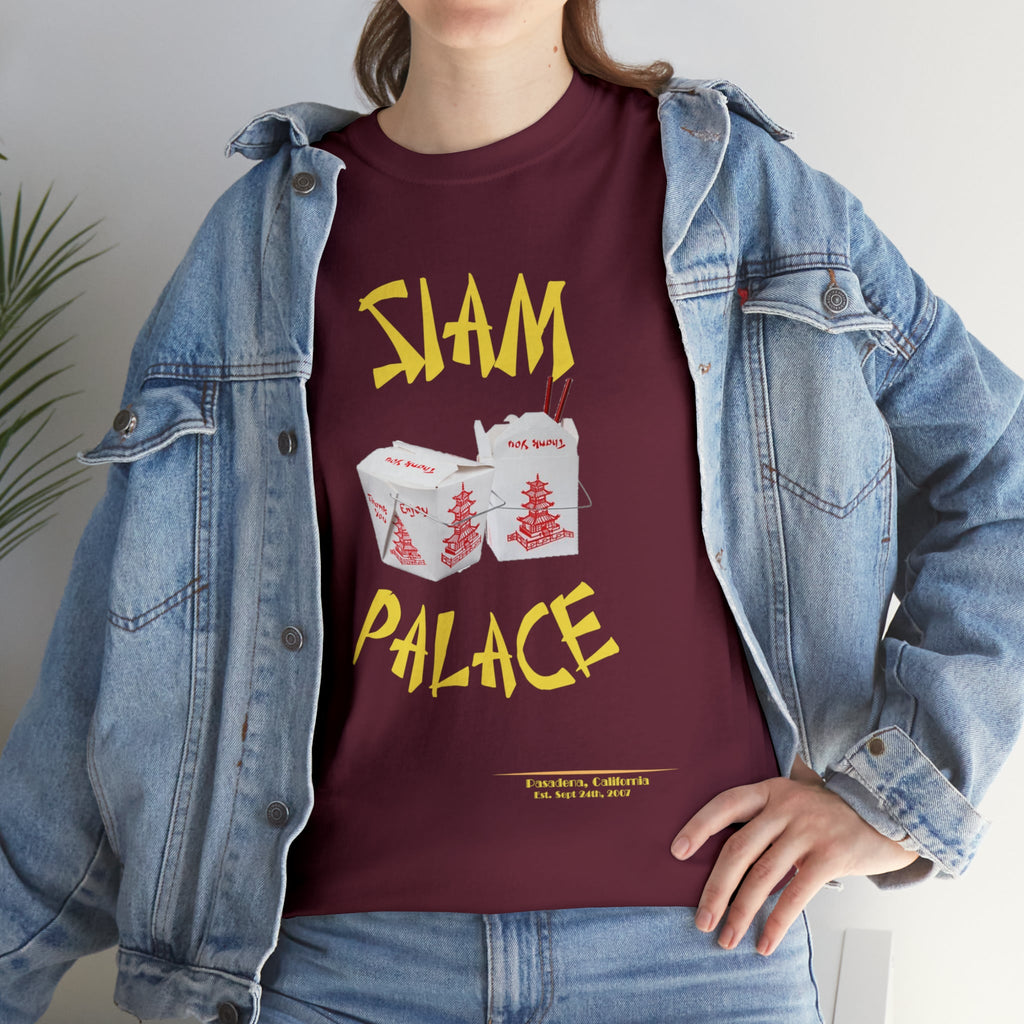 "DirkyThreadz Siam Palace T-Shirt – Mutiges Take-out-Grafikdesign aus schwarzer Baumwolle"
