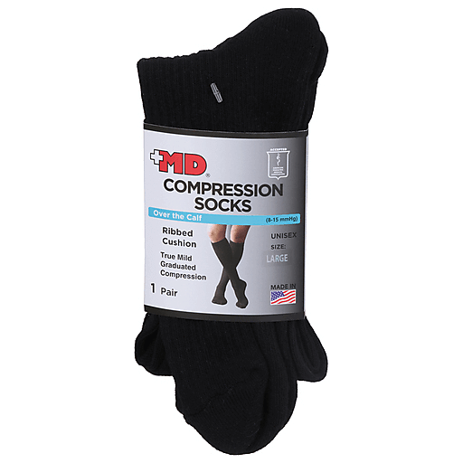 MD USA Ribbed Cotton Compression Socks – Cushion Soles (Black, Large)