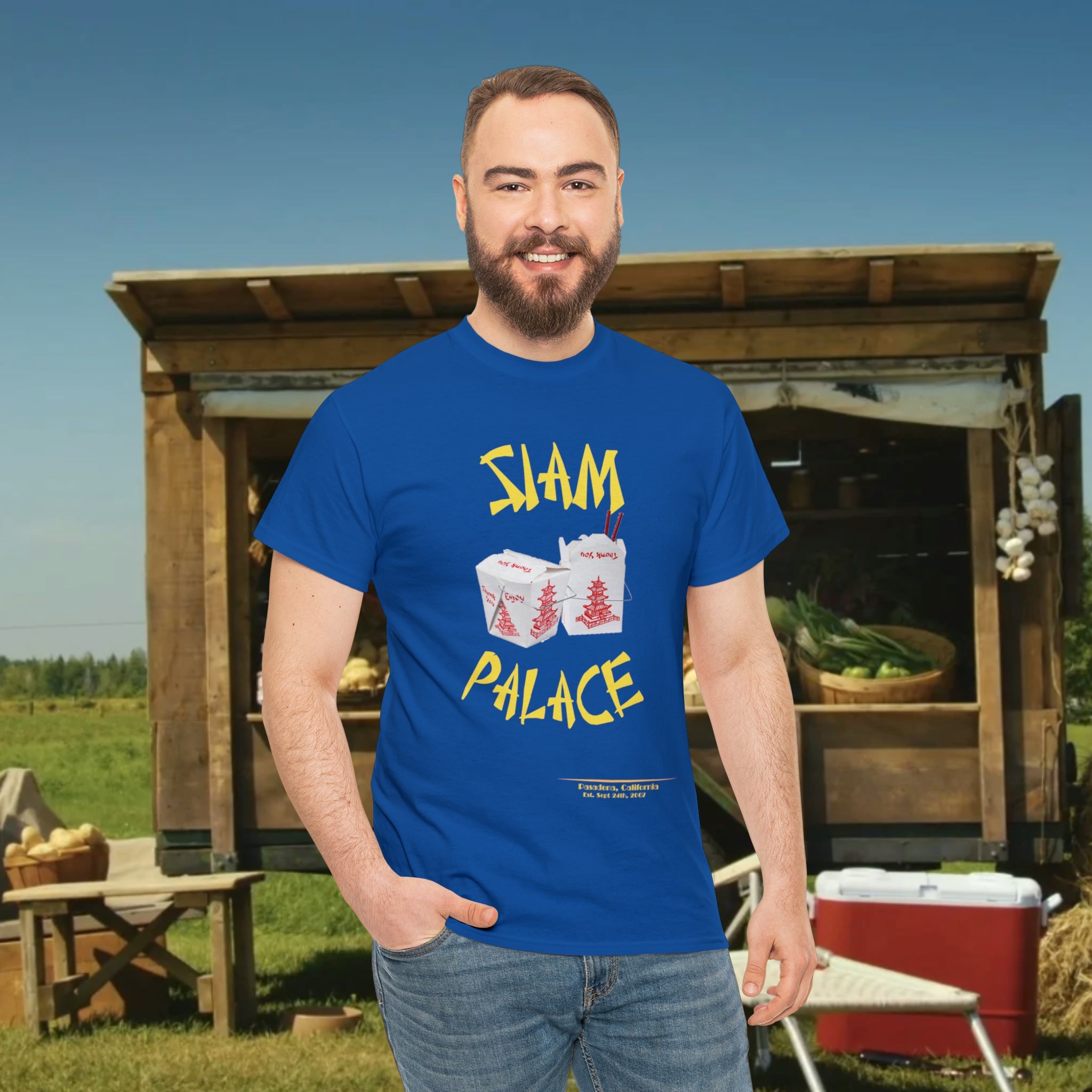 "DirkyThreadz Siam Palace T-Shirt – Mutiges Take-out-Grafikdesign aus schwarzer Baumwolle"