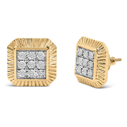 10K Yellow Gold Plated .925 Sterling Silver 1/6 Cttw Diamond Textured Halo Stud Earrings