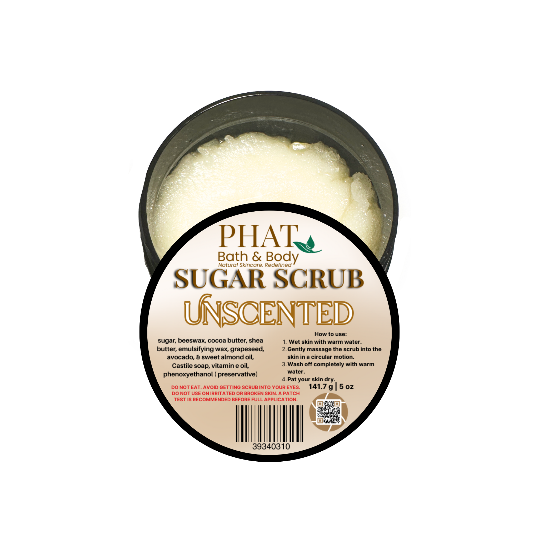 Unscented Whipped Sugar Scrub Fragrance Free with Cocoa Butter | 5 oz