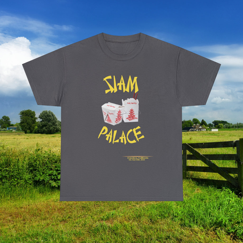 "DirkyThreadz Siam Palace T-Shirt – Mutiges Take-out-Grafikdesign aus schwarzer Baumwolle"