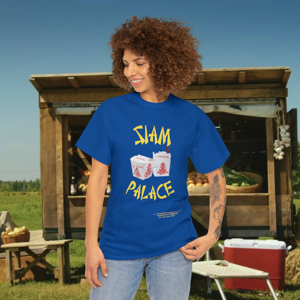 "DirkyThreadz Siam Palace T-Shirt – Mutiges Take-out-Grafikdesign aus schwarzer Baumwolle"