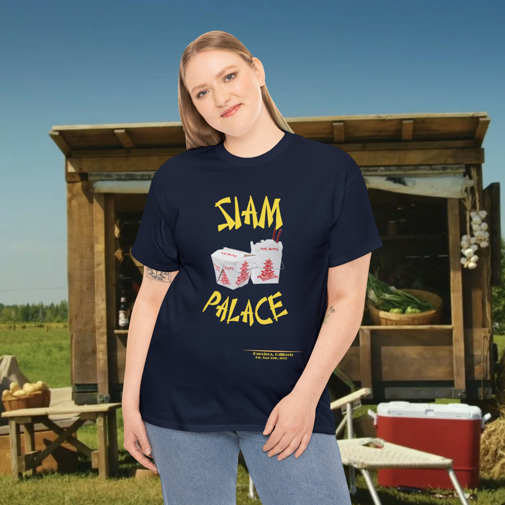 "DirkyThreadz Siam Palace T-Shirt – Mutiges Take-out-Grafikdesign aus schwarzer Baumwolle"
