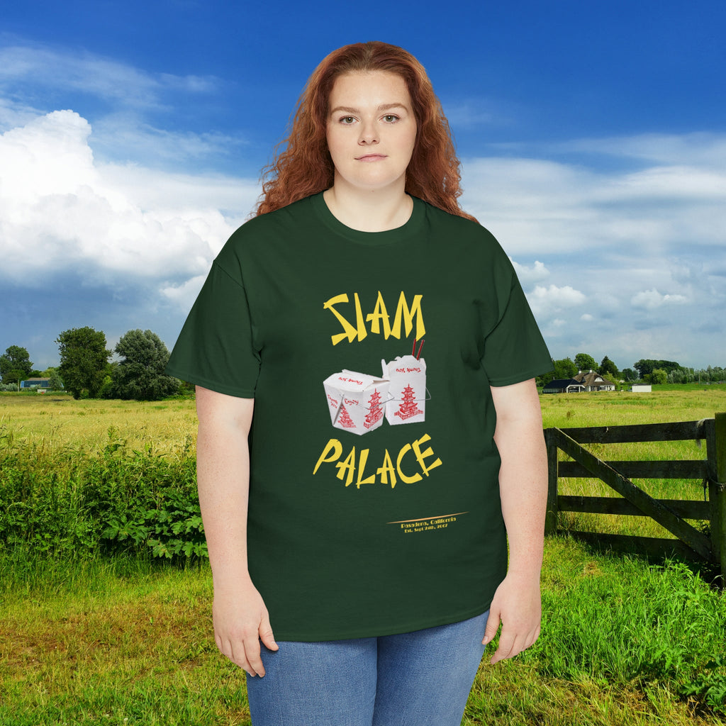 "DirkyThreadz Siam Palace T-Shirt – Mutiges Take-out-Grafikdesign aus schwarzer Baumwolle"