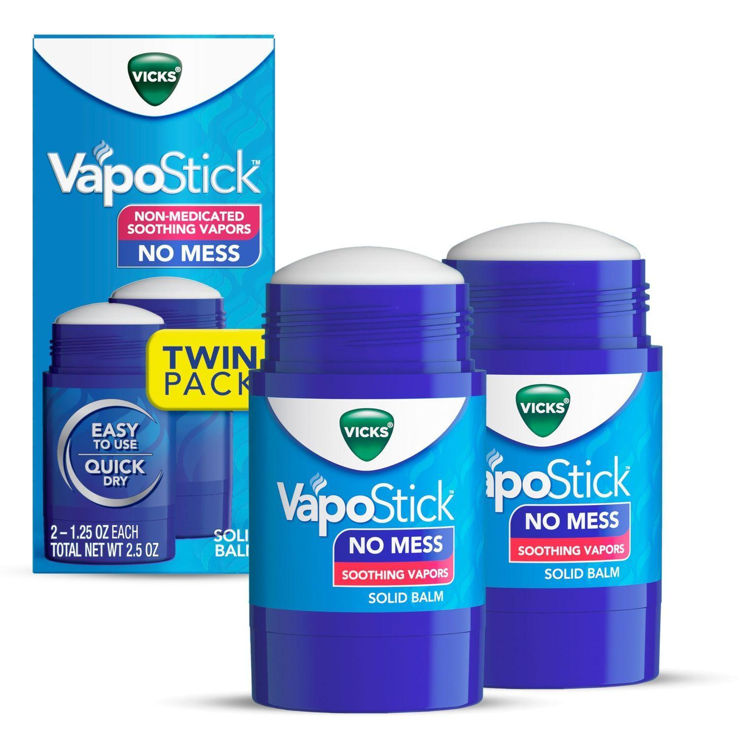 Vicks VapoStick Solid Balm, No-Mess Chest Rub Stick, Soothing Vicks Vapors, 1.25 oz (Twin Pack, 2 Count)